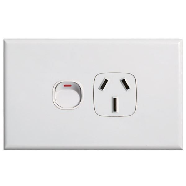 Picture of Slim 10A Single Horizontal Power Point. Remove Cover Moulded in Flame Resist