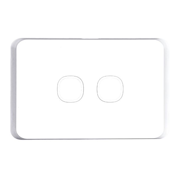 Picture of Sleek 2 Gang Switch Plate ONLY. Accepts all Tradesave Mechanisms. Moulded in Flame