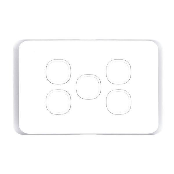 Picture of Sleek 5 Gang Switch Plate ONLY. Accepts all Tradesave Mechanisms. Moulded in Flame