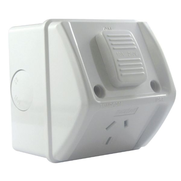 Picture of Weatherproof Single IP53 Outlet. Grey Heavy Duty Industrial Grade Plastic.