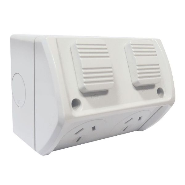 Picture of Weatherproof Double IP53 Outlet. Grey Heavy Duty Industrial Grade Plastic.