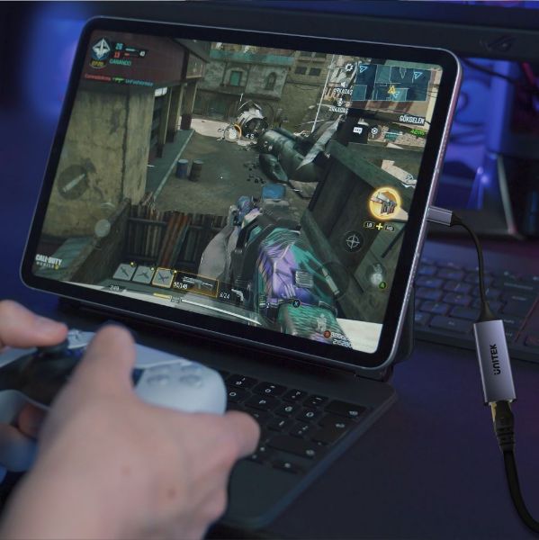 Picture of USB-C to Gigabit Ethernet Adapter. Data Transfer Rate 5Gbps 100W Power Delivery.