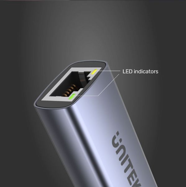 Picture of USB-C to Gigabit Ethernet Adapter. Data Transfer Rate 5Gbps 100W Power Delivery.