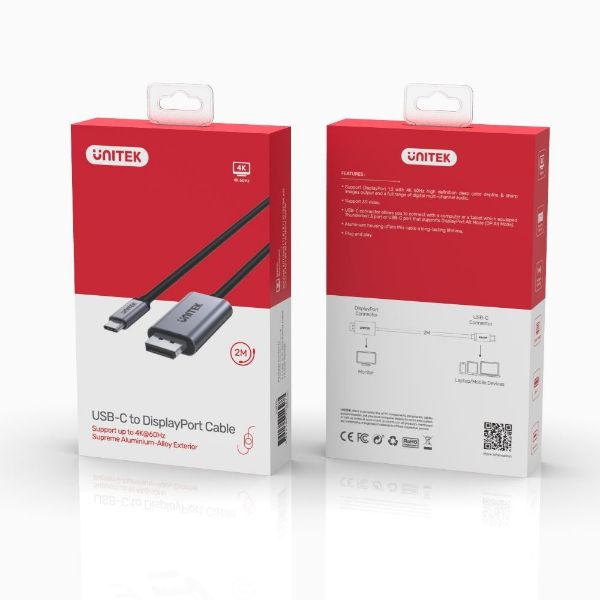 Picture of 2m 4K USB-C to DisplayPort 1.2 Cable in Aluminium Housing upto 4K@60Hz. Plug & Play.