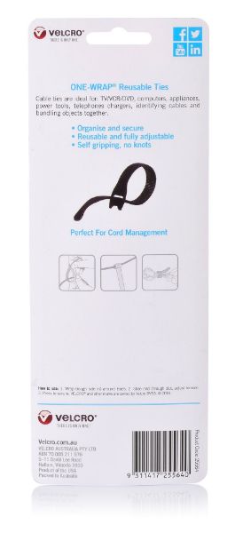 Picture of 25mm x 200mm ONE-WRAP Reusable Hook & Loop 5 Pack Ties. Self Gripping