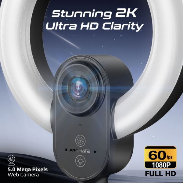 Picture of 2K 5MP UHD Webcam w/ Built-in Mic Ring Light & Detachable Tripod