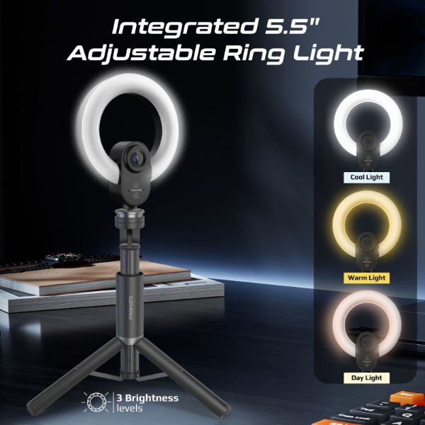 Picture of 2K 5MP UHD Webcam w/ Built-in Mic Ring Light & Detachable Tripod