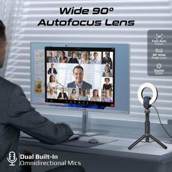 Picture of 2K 5MP UHD Webcam w/ Built-in Mic Ring Light & Detachable Tripod