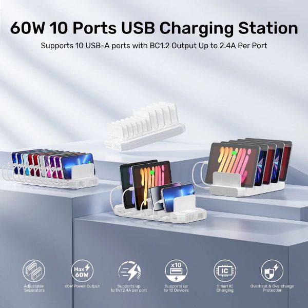 Picture of 10-Port 60W Smart Charging Station 10x 2.4A USB-A Ports. Power: 60W. Over-charge Over