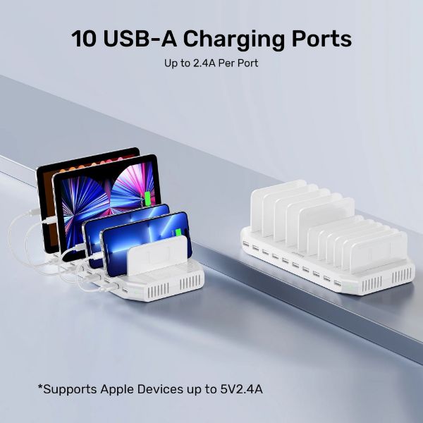 Picture of 10-Port 60W Smart Charging Station 10x 2.4A USB-A Ports. Power: 60W. Over-charge Over