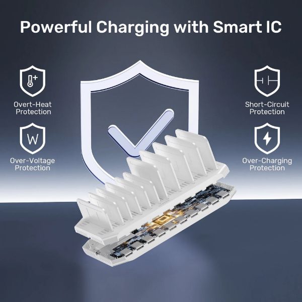 Picture of 10-Port 60W Smart Charging Station 10x 2.4A USB-A Ports. Power: 60W. Over-charge Over
