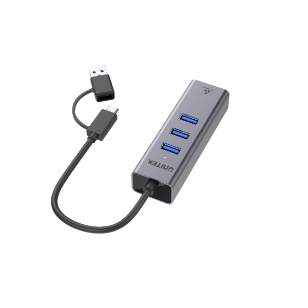 Picture of 4-in-1 USB Multi-port Hub w/ 2-in-1 Connectors (USB-C & USB-A). Includes 3x USB-A 3.0