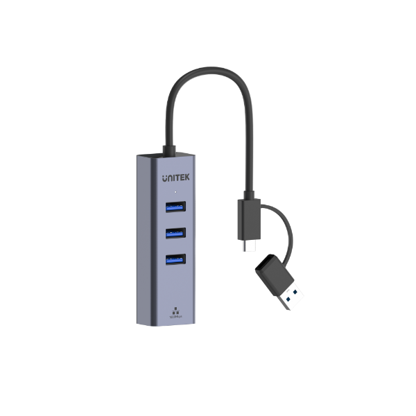 Picture of 4-in-1 USB Multi-port Hub w/ 2-in-1 Connectors (USB-C & USB-A). Includes 3x USB-A 3.0