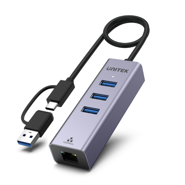 Picture of 4-in-1 USB Multi-port Hub w/ 2-in-1 Connectors (USB-C & USB-A). Includes 3x USB-A 3.0