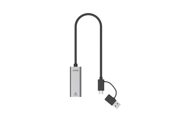 Picture of USB to Gig Ethernet Adapter w/ 2-in-1 Connectors (USB-C & USB-A). Supports up to 5Gbps