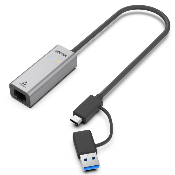 Picture of USB to Gig Ethernet Adapter w/ 2-in-1 Connectors (USB-C & USB-A). Supports up to 5Gbps