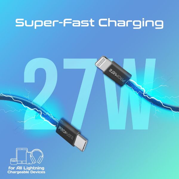 Picture of 1.2m 27W PD USB-C to Lightning Connector Cable. Fabric Braided Cable