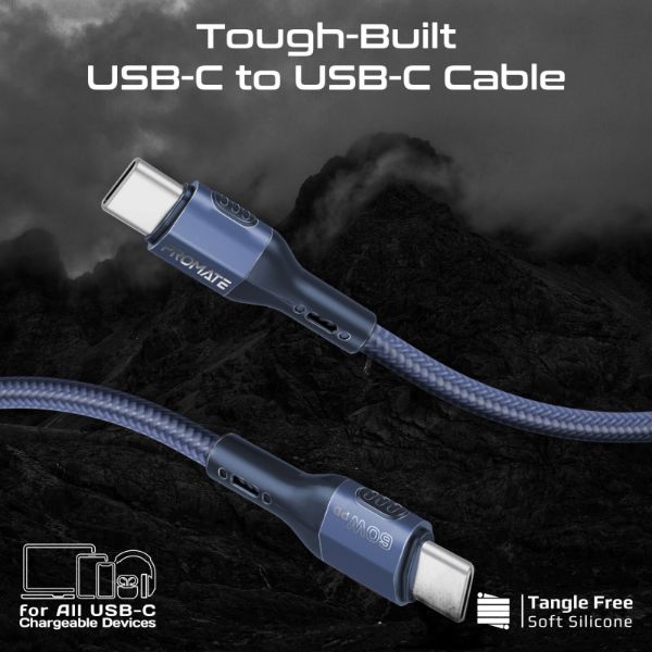 Picture of 1.2m 60W PD USB-C to USB-C Tough-Built Cable. Supports up to 480Mbps Slim