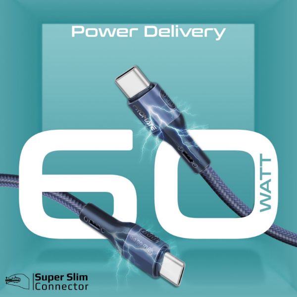 Picture of 1.2m 60W PD USB-C to USB-C Tough-Built Cable. Supports up to 480Mbps Slim