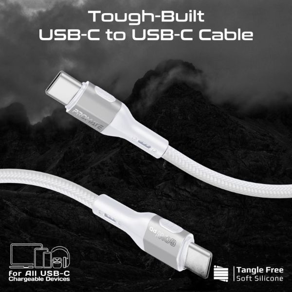 Picture of 1.2m 60W PD USB-C to USB-C Tough-Built Cable. Supports up to 480Mbps Slim