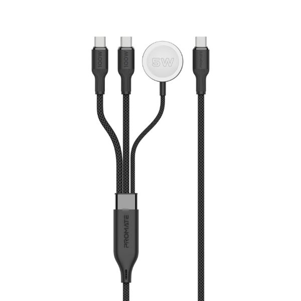 Picture of 1.4m 100W High-Speed Multi Device Charging Cable w/ Apple Watch Charger. 2x 100W PD USBC