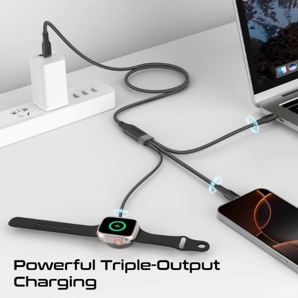 Picture of 1.4m 100W High-Speed Multi Device Charging Cable w/ Apple Watch Charger. 2x 100W PD USBC