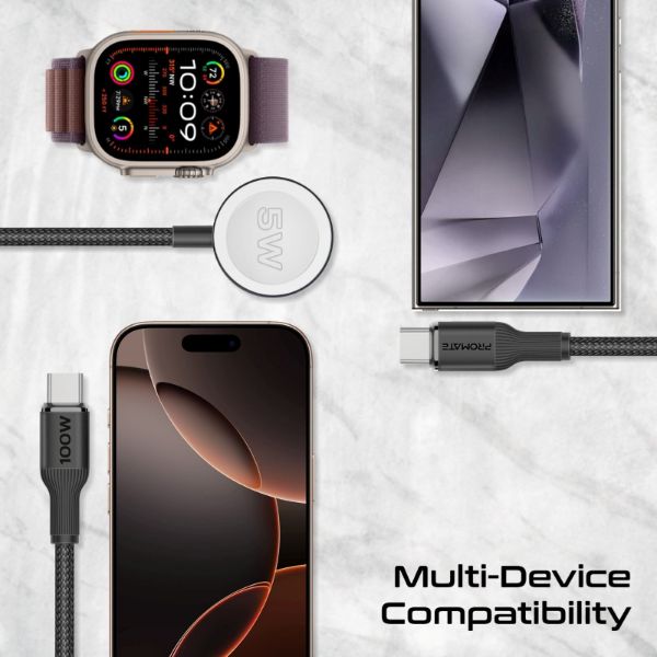 Picture of 1.4m 100W High-Speed Multi Device Charging Cable w/ Apple Watch Charger. 2x 100W PD USBC