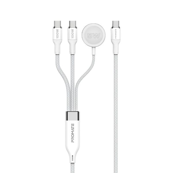 Picture of 1.4m 100W High-Speed Multi Device Charging Cable w/ Apple Watch Charger. 2x 100W PD USBC