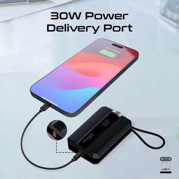 Picture of 10000mAh 30W PD Ultra-Fast Power Bank w/ Built-in USB-C Cable & Apple Watch Charger