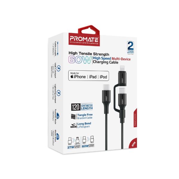 Picture of 1.2m 60w MFi Certified 2-in-1 USB-C Sync & Charge 1x USB-C & 1x Lightning