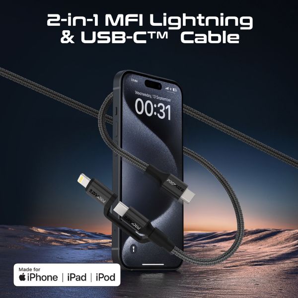 Picture of 1.2m 60w MFi Certified 2-in-1 USB-C Sync & Charge 1x USB-C & 1x Lightning