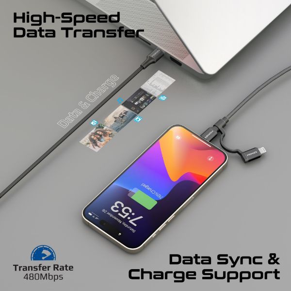 Picture of 1.2m 60w MFi Certified 2-in-1 USB-C Sync & Charge 1x USB-C & 1x Lightning