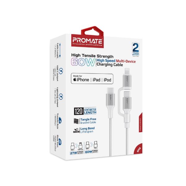 Picture of 1.2m 60w MFi Certified 2-in-1 USB-C Sync & Charge 1x USB-C & 1x Lightning