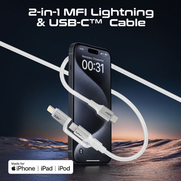 Picture of 1.2m 60w MFi Certified 2-in-1 USB-C Sync & Charge 1x USB-C & 1x Lightning