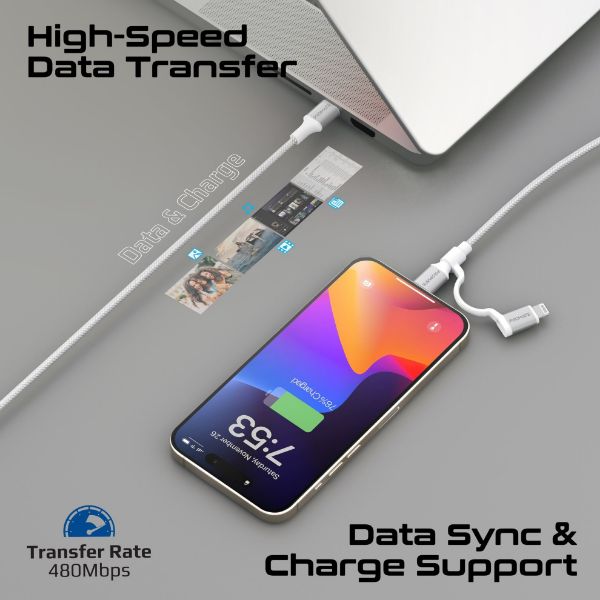 Picture of 1.2m 60w MFi Certified 2-in-1 USB-C Sync & Charge 1x USB-C & 1x Lightning