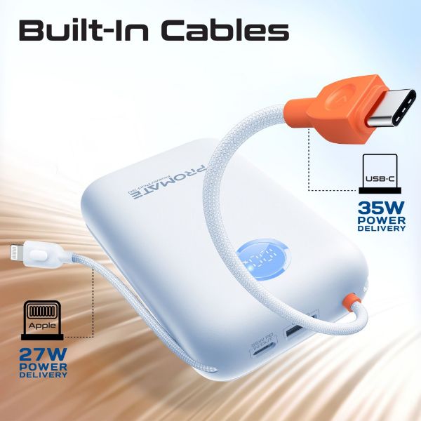 Picture of 30000mAh Ultra Compact 35W SuperSpeed Pwr Bank w Built-in USB-C & Lightning Cables. 35W