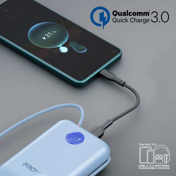 Picture of 30000mAh Ultra Compact 35W SuperSpeed Pwr Bank w Built-in USB-C & Lightning Cables. 35W