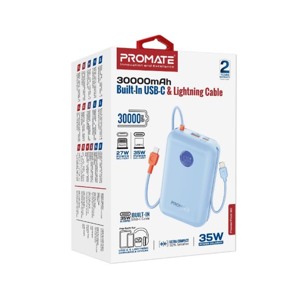 Picture of 30000mAh Ultra Compact 35W SuperSpeed Pwr Bank w Built-in USB-C & Lightning Cables. 35W