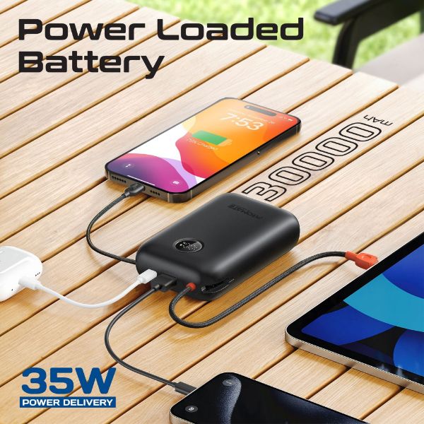 Picture of 30000mAh Ultra Compact 35W SuperSpeed Power Bank Built-in USB-C & Lightning Cables. 35W