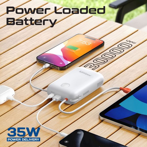 Picture of 30000mAh Ultra Compact 35W SuperSpeed Power Bank Built-in USB-C & Lightning Cables. 35W