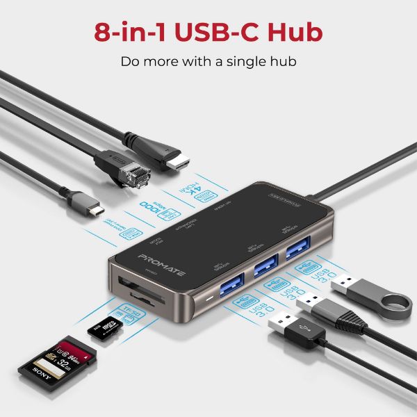 Picture of 8-in-1 USB Multi-Port Hub with USB-C Connector Incl 100W PD 4K HDMI Port RJ45 Port USB-A