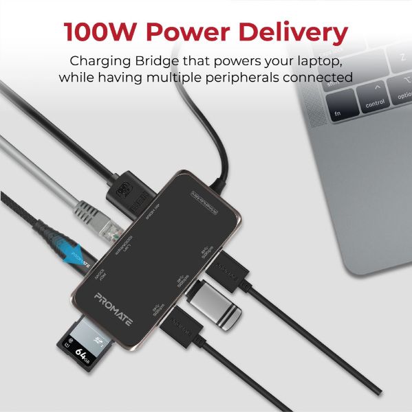 Picture of 8-in-1 USB Multi-Port Hub with USB-C Connector Incl 100W PD 4K HDMI Port RJ45 Port USB-A
