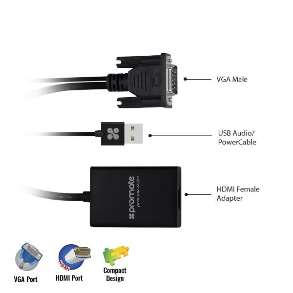 Picture of VGA (Male) to HDMI (Female) Display Adaptor Kit w/ Audio. Supports up to 1920x1080@60Hz.