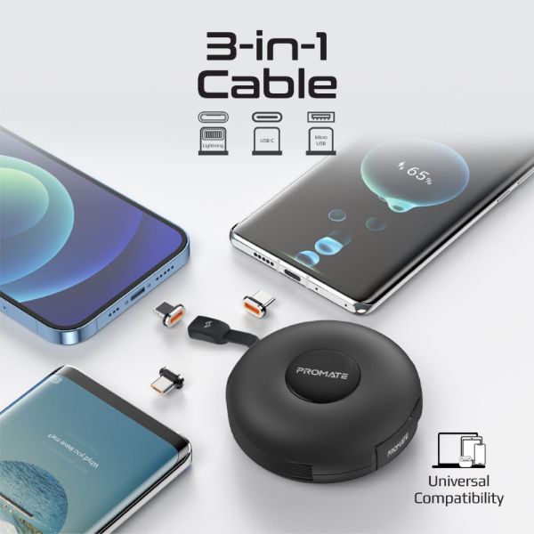 Picture of PROMATE 3in1 USB-C Retractable Data & Charge Cable with Changeable Magnetic