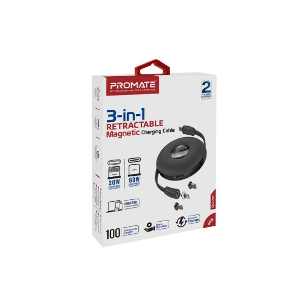 Picture of PROMATE 3in1 USB-C Retractable Data & Charge Cable with Changeable Magnetic