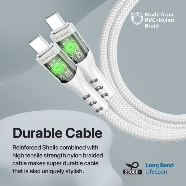 Picture of 1.2m USB-C to USB-C Cable w/ Transparent Connectors & LED Supports 60W PD. White