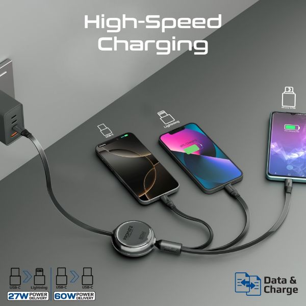 Picture of 1.1m 3in1 Ultra-Fast USB-C Retractable Multi-Connector Supports 60W PD USB-C to USB-C