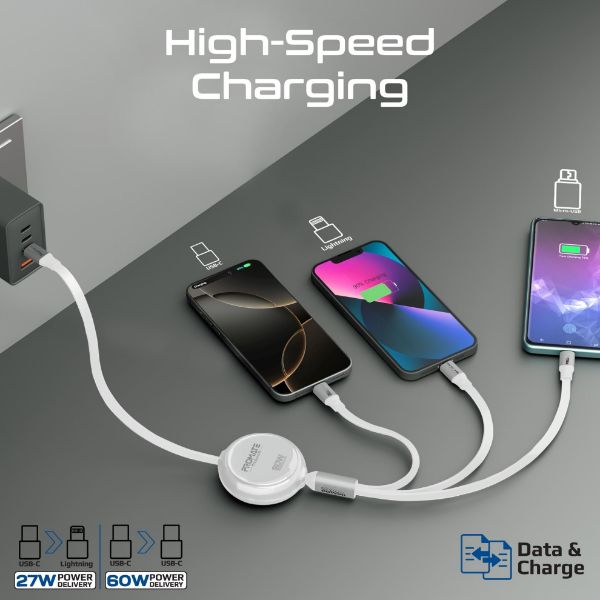 Picture of 1.1m 3in1 Ultra-Fast USB-C Retractable Multi-Connector Supports 60W PD USB-C to USB-C