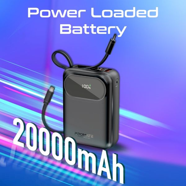 Picture of 20000mAh Ultra Compact 35W SuperSpeed Power Bank Built-in USB-C & Lightning Cables. 35W