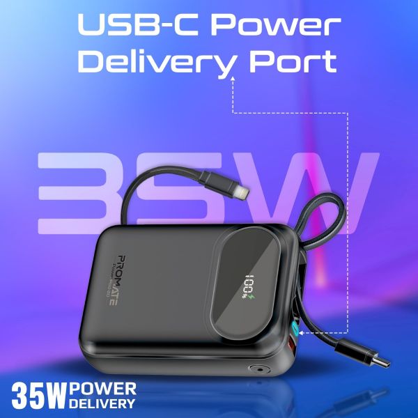 Picture of 20000mAh Ultra Compact 35W SuperSpeed Power Bank Built-in USB-C & Lightning Cables. 35W